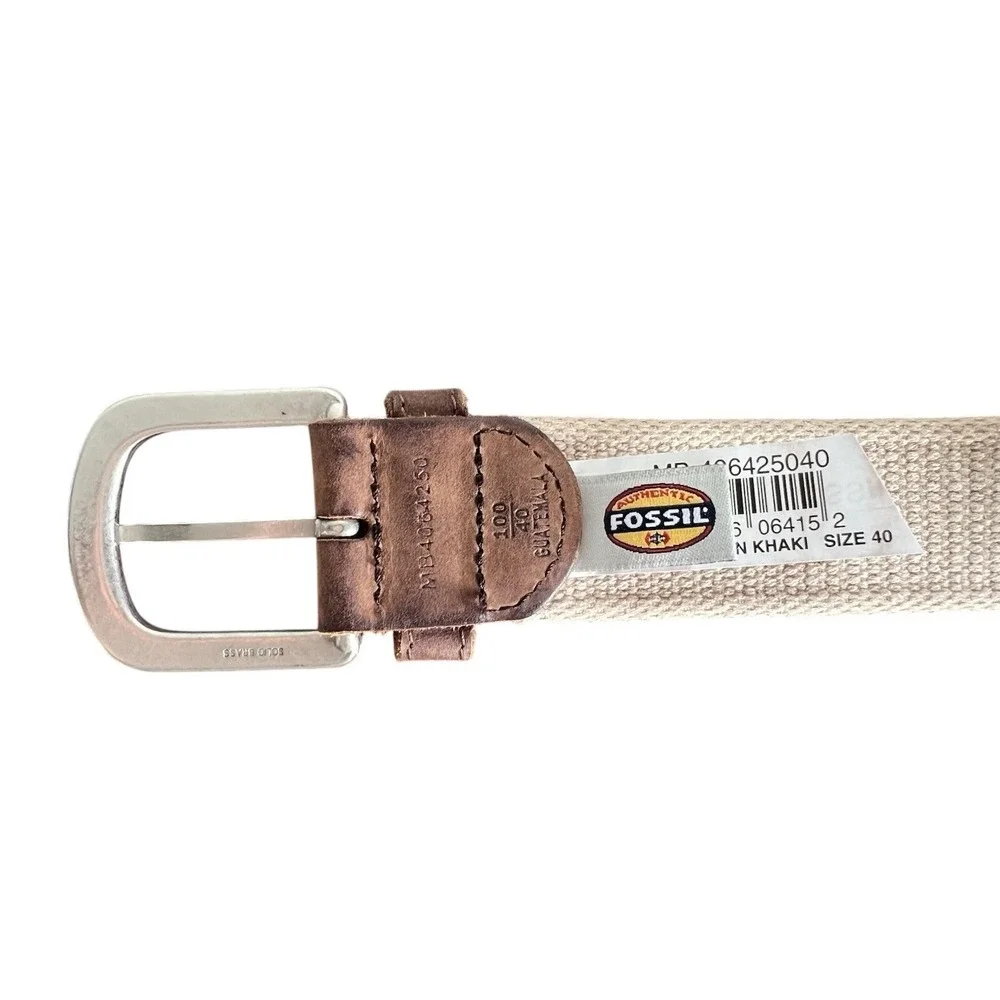 Fossil Utility Gear Mens Khaki Canvas Webbing Leather Belt Size 40 MB4064250